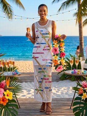 🌼🌸🌼 Simona Corsellini White Mesh Maxi Dress w/Multicolor Embellishment Stripes,S